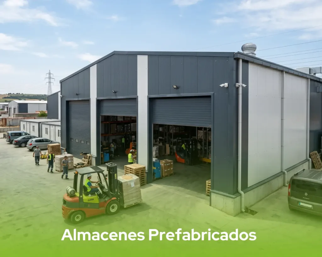 Operación logística y transporte seguro de palets de madera mediante carretilla elevadora en una moderna instalación de almacén prefabricado.