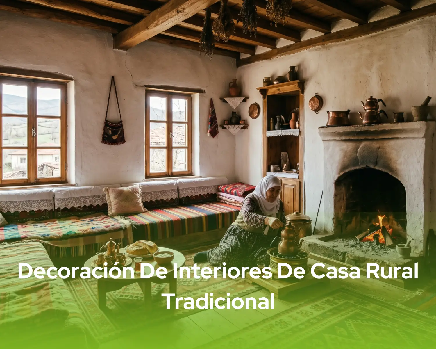 Decoración de interiores de casa rural tradicional con elementos rústicos y confort modernos.